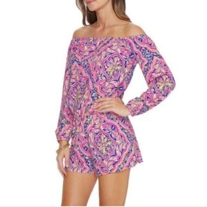 LILLY PULITZER Lana Off the Shoulder Romper In Pink Medallion Size XS
